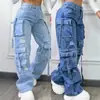 Pantalones Cargo de Mezclilla Rectos Largos con Múltiples Bolsillos para Mujer, Pantalones Casuales Sueltos Modernos y Versátiles