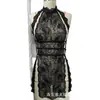 Body de renda transparente com gola halter tamanho plus size, conjunto de lingerie sexy para mulheres, estilo de tira vazada preta, transfronteiriço