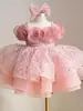 Vestido de Princesa con Lentejuelas de un Solo Hombro para Niñas Flores Rosas Vestido de Navidad para Actuación Infantil Vestido de Princesa