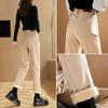 Calça Jeans Stretch Khaki Forrada com Fleece Feminina 2024 Inverno Cintura Alta Barra Reta Calça Pipe Slim Branco-Creme