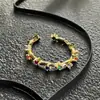 Nuevo Anillo de Microincrustación de Circonita Colorida Redonda con Forma de Gota de Aceite y Ojo de Trébol de Cuatro Hojas Nicho Lujo Ligero Accesorios de Alta Gama
