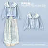 Sudadera casual preppy de nicho con cuello de muñeca y manga larga, pantalones de cuadros anchos finos para primavera/otoño, conjunto coreano de dos piezas
