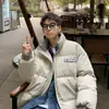 Chaqueta de pana de algodón retro japonesa para hombre, abrigo de algodón engrosado con cuello alto y parche de letras para otoño e invierno