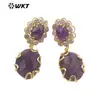 Brincos E720 estilo europeu e americano banhados a ouro com microincrustação de pedras semipreciosas naturais, em formato de gota, com pedras de cristal roxo