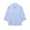 Nueva Camisa de Popelina Azul con Bolsillos para Mujer Estilo Europeo y Americano Primavera y Verano 2026 con Mangas de Tres Cuartos Top Casual