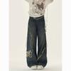 Jeans de Pierna Ancha con Parche de Mariposa Estilo Retro Americano para Mujer 2025 Primavera y Otoño Nuevo Diseño Pantalones Rectos Largos hasta el Suelo
