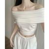Top de punto elegante y elegante con cuello en el hombro, nueva camiseta de verano ajustada y adelgazante de manga corta sexy para mujer