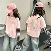 Camiseta de Algodão Puro Manga Longa para Meninas Estilo Novo Primavera e Outono para Crianças Médias e Grandes Top Casual de Desenho Camisa Base de Retalhos Listrados Infantil