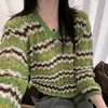 Suéter de punto hueco a rayas con cuello en V para mujer, nueva colección de otoño 2026, estilo holgado y relajado, jersey de manga larga