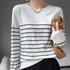 Camiseta Base de Manga Larga Clásica a Rayas de Lana Fina de Doble Capa con Cuello Redondo Estilo Francés Transfronteriza, Ropa Fina y Versátil para Mujer