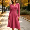 Vestido midi de manga larga con volantes, fruncido en la cintura, cuello en V, color liso, nuevo, transfronterizo europeo y americano, para mujer, 2026