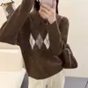 Suéter Melard com Gola Polo e Padrão de Diamante para Mulheres, Roupa de Fora Estilo Preguiçoso, Novo Tricô Solto Chique Outono e Inverno 2025