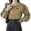 Chic coreano Otoño Estilo Retro Occidental Escote Irregular Diseño Plisado Camisa Holgada Casual Manga Abullonada para Mujer