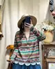 Jaqueta Cardigan de Tricô de Algodão com Gola V e Estampa Vintage 2025 para Mulheres, Caimento Solto, Primavera e Outono, Top Casual Vintage de Manga Longa