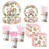 Festa de Aniversário Tema Animal Rosa Decoração Descartável Conjunto de Louça Pratos de Papel Copos de Papel Toalha