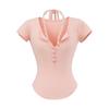 Playera Sexy de Corte Slim de Manga Corta con Cuello en V con Botones y Bajo Curvo para Mujer, Verano 2025