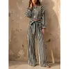 Conjunto de Rayas Europeo y Americano Nuevo para Mujer Otoño 2026: Top de Mangas Abullonadas Cortas y Pantalón Ancho con Cinturón de Corbata, Conjunto de Dos Piezas para Vacaciones