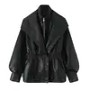 Chaqueta Abrigo de Otoño Europeo y Americano con Solapa, Diseño de Manga de Linterna, Patrón Estereoscópico 3D tipo Piel, Manga de Linterna para Mujer