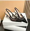 638-1 Zapatos de tacón alto para mujer con punta elegante, lazo, costuras de malla y temperamento dulce
