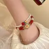 Novo design estilo chinês pulseira em camadas com contas contrastantes vermelhas e brancas, requintada, luxo leve, simples, moderna e única pulseira feminina