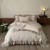 Juego de Cuatro Piezas Jacquard Grueso de Rosa Vintage 100% Algodón con Ribete de Encaje, Funda Nórdica de Algodón Puro para Dormitorio, Sedoso para Dormir Desnudo, Ropa de Cama para Cama de 1.8m