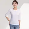 Camiseta de Manga Siete Cruzada con Cuello Redondo para Mujer Algodón Puro Capa Interior Primavera Verano Nuevo Estilo Capa Base Corte Ajustado Algodón Mercerizado Top para Mujer