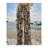 Calça Wide Leg de Chiffon com Estampa de Tinta para Mulheres, com Suspensórios Estilo Biquíni para Férias na Praia, Calça de Praia de Cintura Alta com Fenda para o Verão