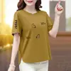 Camiseta de Manga Corta con Estampado de Gato Estilo Dibujo Animado para Mujer, Estilo Mamá de Mediana Edad, Corte Holgado, Adelgazante, Top Versátil