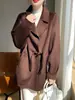 Abrigo de Mujer Doble Faz Estilo Nuevo 2026 con Botones de Cuerno, 100% Lana Pura, Cuello de Solapa, Cinturón de Corbata, Mangas Raglán, Corte Holgado
