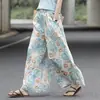 Pantalones falda casual de lino de alta gama para exportación, estampado vintage, sueltos, pierna ancha, cropped, de algodón y lino para mujer