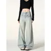 Jeans Rectos de Tiro Alto con Parches Azul Claro para Mujer, Nuevo Estilo Primavera y Otoño, Corte Holgado, Adelgazantes, Lavado Vintage, Pantalones Anchos Desgastados
