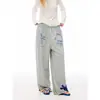 Comercio transfronterizo versátil H letra MA Primavera y Verano Pantalones de chándal con cordón Cintura D Casual Americano WITC Bolsillo Pierna ancha Suelto Rasgado
