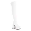 Botas altas hasta la rodilla transfronterizas, charol, punta cuadrada, suela gruesa, tacón grueso, tacón extra alto, plataforma doble, elástico, botas altas hasta la rodilla para mujer