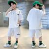 Trajes Deportivos y de Ocio de Moda para Niños Verano 2025, Conjunto de Dos Piezas de Camiseta Holgada Lisa de Manga Corta y Pantalón Tres Cuartos Suelto para Niños Medianos y Grandes