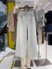 Jeans Feminino de Cintura Alta com Tira Cruzada Verão Retrô Solto Reto Casual Calça de Perna Larga