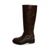 Estilo Coreano Pernas Longas Grande Beleza Fivela de Cinto Estilosa Botas de Cavaleiro Outono/Inverno 2026 Salto Médio Robusto Bico Redondo Couro de Vaca Botas Longas de Cano Alto