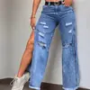 Comercio Transfronterizo Europeo y Americano en Jeans Rectos Sueltos de Moda con Agujeros y Aberturas Pantalones Casuales Pantalones Largos Pantalones de Pierna Ancha para Mujer