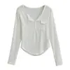 Puro Deseo Chica Picante Estilo Delgado Cuello Alto Botones Sexy Adelgazante Manga Larga Camiseta Primavera Ajustada Top para Mujer