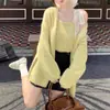 Cardigan de Tricô Novo Estilo Outono e Inverno Estilo Preguiçoso, Suéter Elegante de Cor Sólida, Suspensórios de Renda Femininos, Conjunto de Duas Peças de Roupa Externa Solta