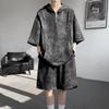 Conjunto de Moletom Pesado Tie-dye com Zíper Parcial e Shorts de Manga Curta Marca Tendência Masculina Roupa Legal para Casal Camiseta Masculina