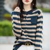 Suéter de malha feminino primavera e outono novo algodão estilo ocidental solto casual top listrado cardigan suéter casaco