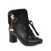 Botas Curtas com Cadarço Frontal Decorativo Tamanho Pequeno Botas Femininas Florais plus size Exterior Único Salto Grosso Botas Femininas Gola de Pelo Botas da Moda M-8