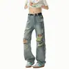 Jeans Rotos Estilo High Street Americano para Hombre, Diseño de Verano con un Ambiente Post-Apocalíptico, Pantalones Ligeramente Acampanados, Pantalones Rectos Versátiles de Marca de Moda