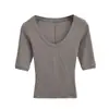 Camiseta Corta de Manga Media Hombro Caído Cuello en U Ajustada para Mujer Color Sólido Estilo Chica Francesa Caliente Top de Manga Corta para Mujer Verano SY9039