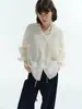 SIN RESTRICCIÓN Camisa de Mujer con Volantes Franceses, Cuello en V, Mangas Abullonadas, Ligeramente Transparente, Pliegues, Cordón, Camisa para el Trabajo