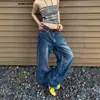 Jeans de retazos estilo retro americano bordados con estrellas para mujer, nuevo de verano 2026, de cintura alta, sueltos, rectos, de pierna ancha