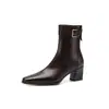 Fivela de cinto elegante e estilosa para o dia a dia botas finas outono e inverno 2026 salto médio grosso emagrecedor bico quadrado elástico botas curtas para mulheres