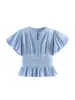 Camisa feminina da marca Z com babados decorativos, mangas bufantes, popular no AliExpress, moda transfronteiriça europeia e americana, azul doce e elegante