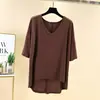 Camiseta de manga media para mujer, Primavera y Verano, Delgada de Algodón Modal, Top con cuello en V, Talla Grande, Holgada, Manga Media, Delantera Corta, Trasera Larga, Camiseta Básica