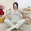 Algodón de Nube Verano Nuevo Cárdigan Solapa Manga Corta Pantalones Chica de Dibujos Animados Dulce Hogar Atuendo traje Pijama